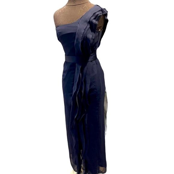 White by Vera Wang Navy Bridesmaid One Shoulder Chiffon Dress Style VW360274 - Picture 2 of 13
